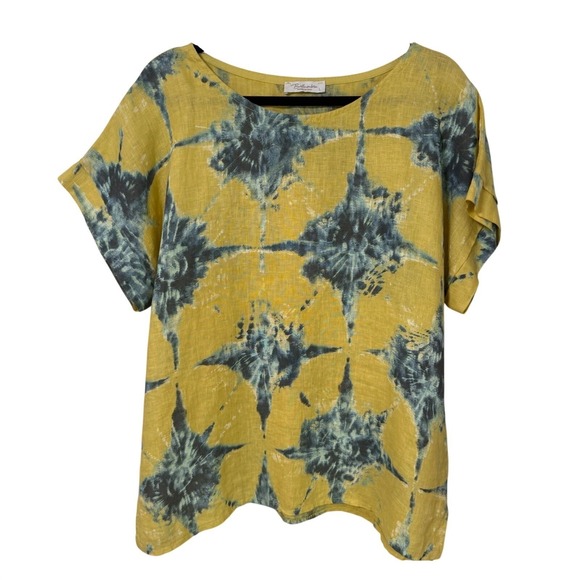 Bellambra Tops - Bellambra Made in Italy 100% Linen Top Mustard Teal Shibori Print Womens Large